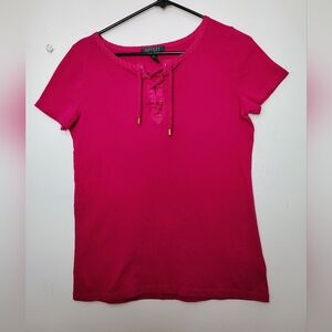 Lauren Ralph Lauren top blouse V-neck tie, cotton casual outfits Colorful Large.